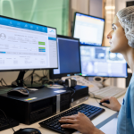 Healthcare professional in a clinical setting working at a workstation with multiple monitors displaying patient information, medical data, and diagnostic dashboards. T